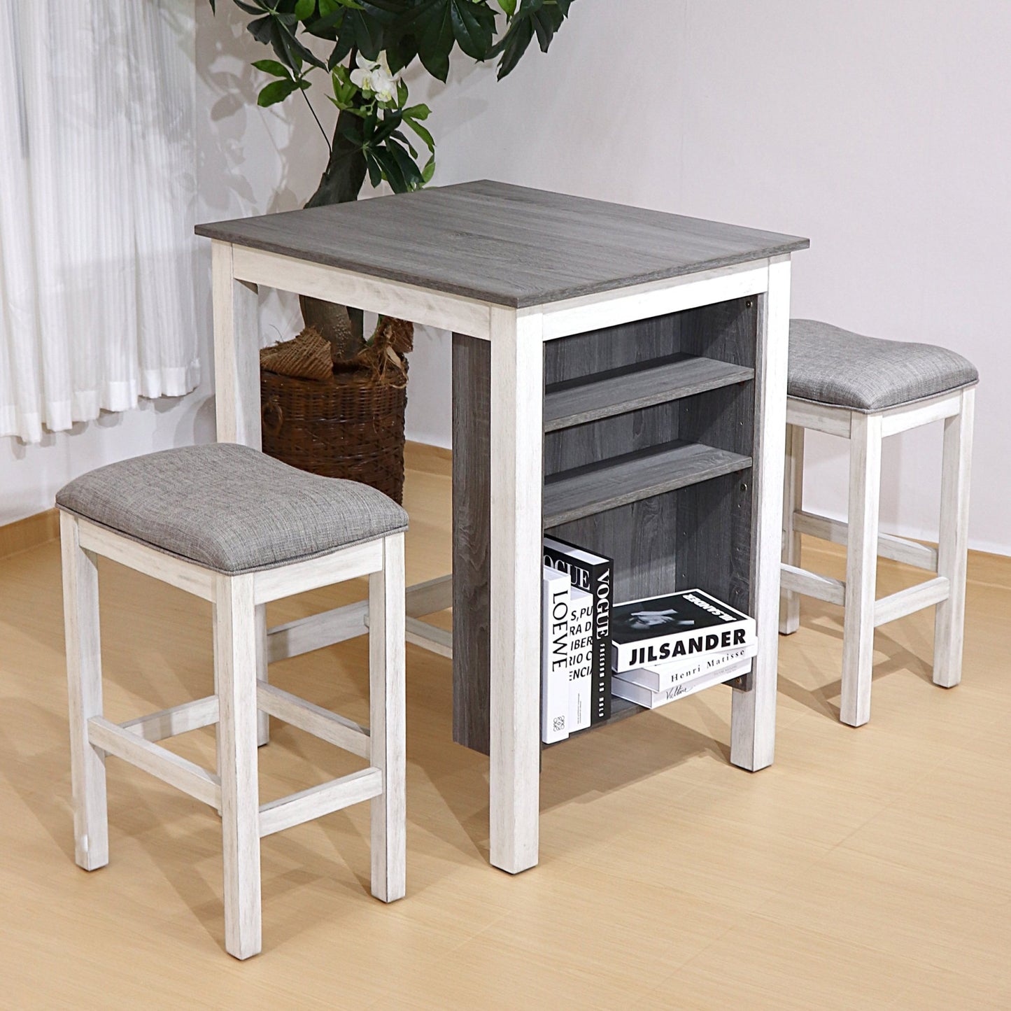 Compact Dining Table Set with Storage – Rustic Space Saving Kitchen Table with 2 Stools - 1st Choice Furniture Direct