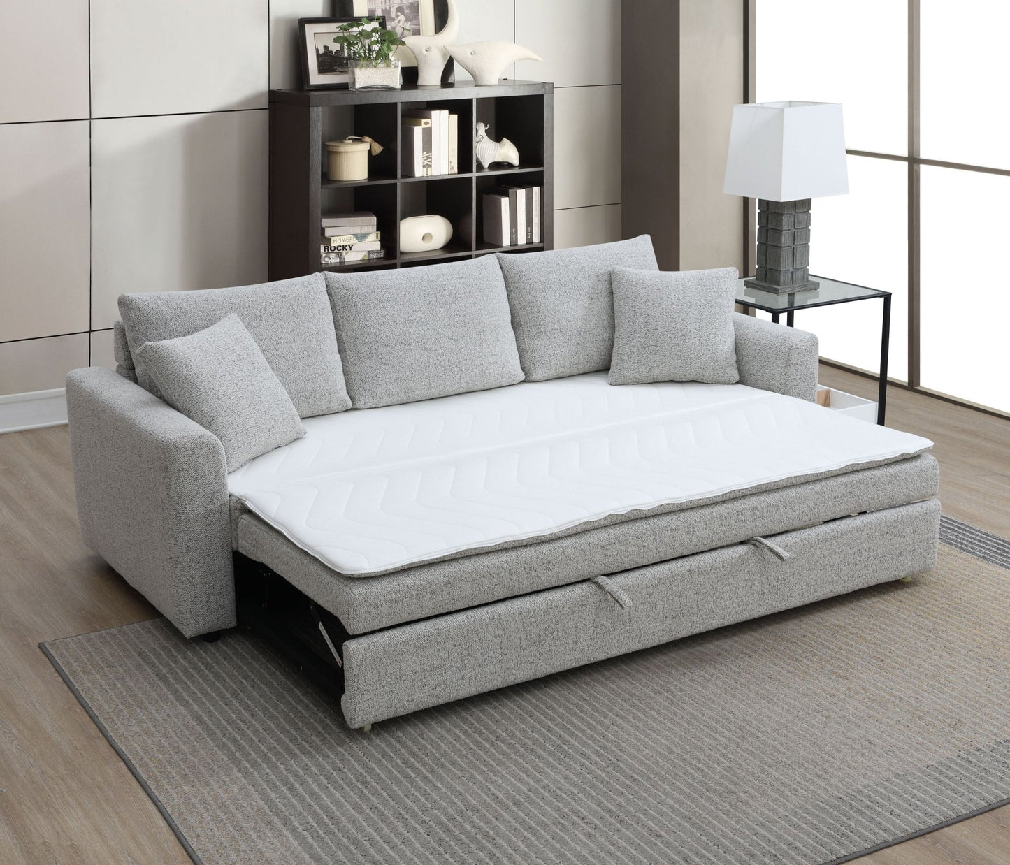 Connie Beige Boucle Sleeper Sectional Sofa w/ 2 Toss Pillows - 1st Choice Furniture Direct