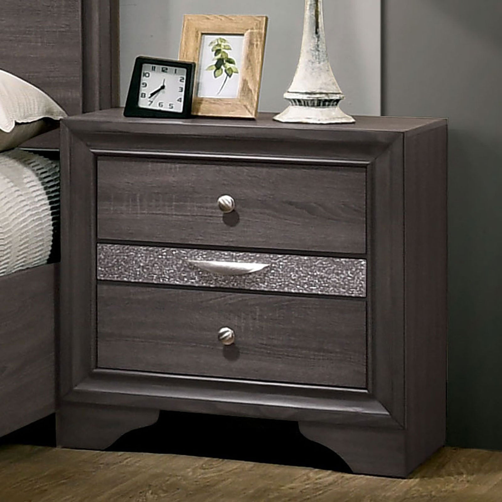 Contemporary 1pc Nightstand Gray Finish Silver Accents Hidden Jewelry Drawer Nickel Round Knob Bedside Table Bedroom Furniture - 1st Choice Furniture Direct