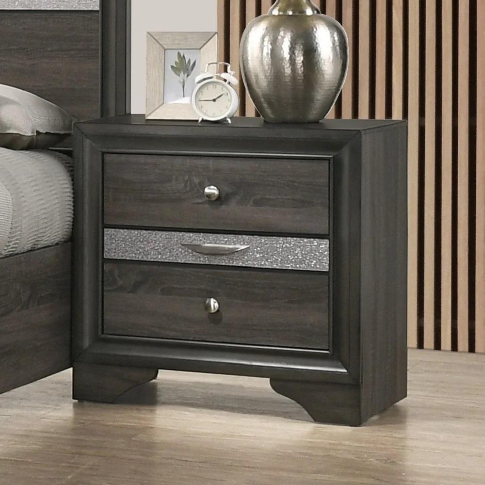 Contemporary 1pc Nightstand Gray Finish Silver Accents Hidden Jewelry Drawer Nickel Round Knob Bedside Table Bedroom Furniture - 1st Choice Furniture Direct