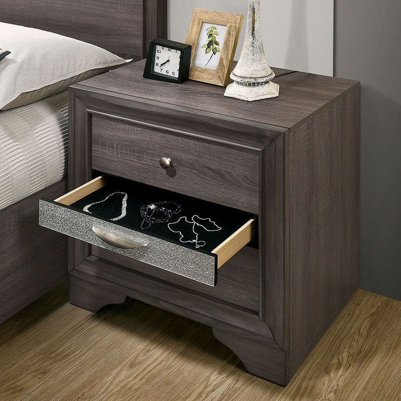 Contemporary 1pc Nightstand Gray Finish Silver Accents Hidden Jewelry Drawer Nickel Round Knob Bedside Table Bedroom Furniture - 1st Choice Furniture Direct