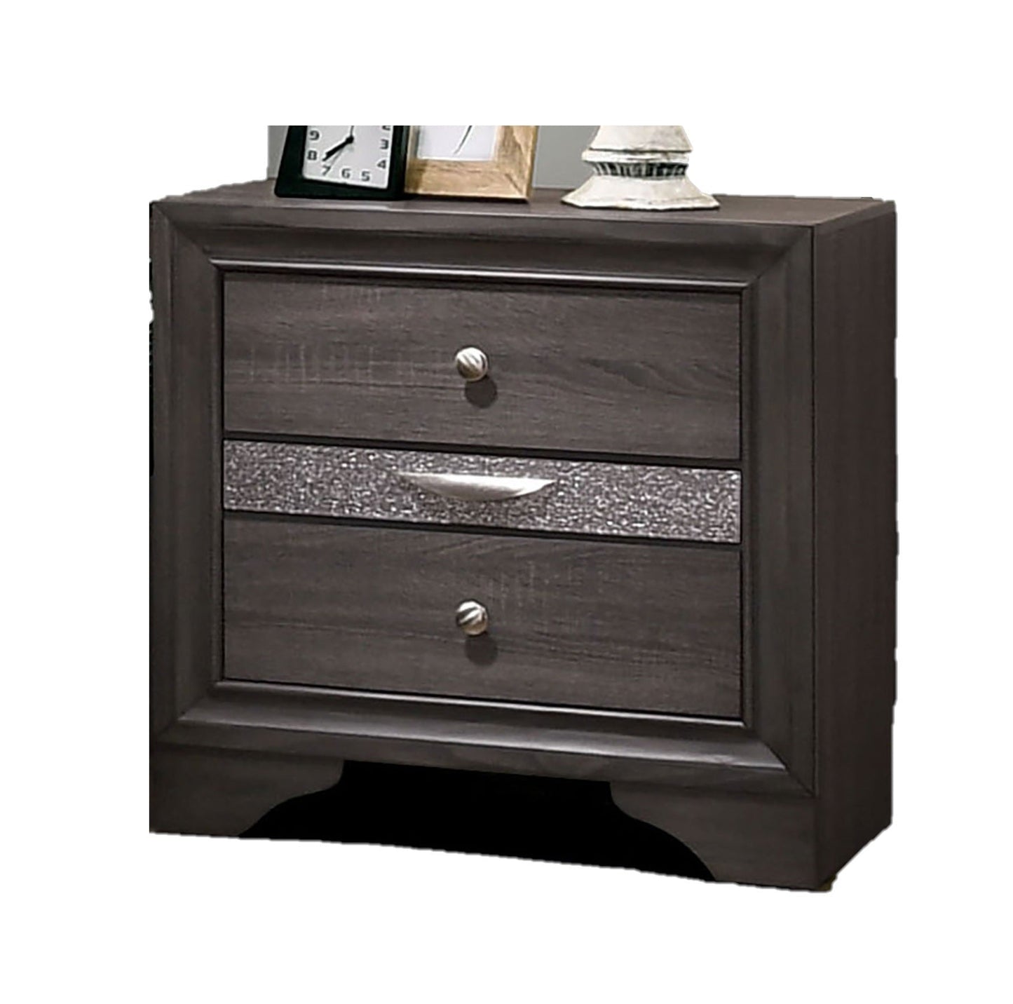 Contemporary 1pc Nightstand Gray Finish Silver Accents Hidden Jewelry Drawer Nickel Round Knob Bedside Table Bedroom Furniture - 1st Choice Furniture Direct