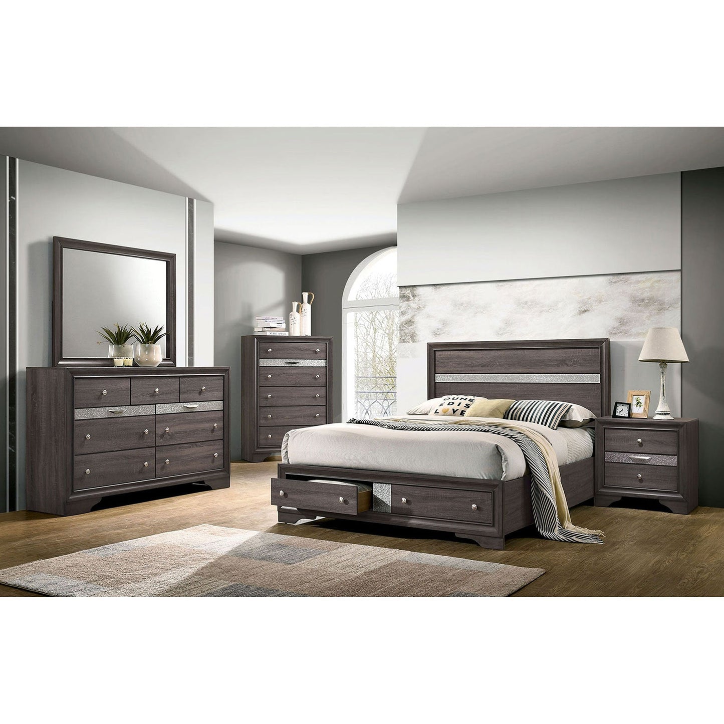 Contemporary 1pc Nightstand Gray Finish Silver Accents Hidden Jewelry Drawer Nickel Round Knob Bedside Table Bedroom Furniture - 1st Choice Furniture Direct