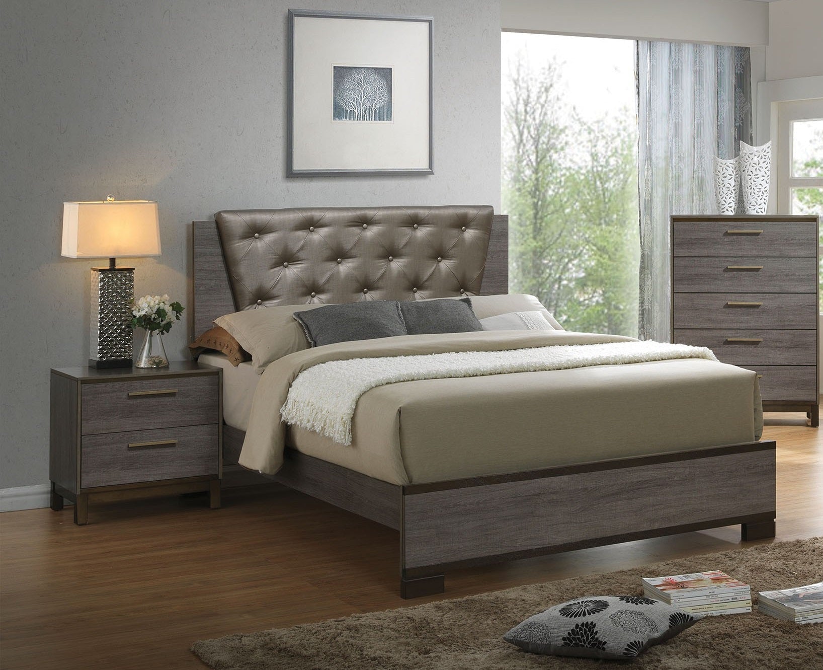 Contemporary 1pc Nightstand Two Tone Antique Gray Bedroom Furniture Nightstand Center Metal Glides Brass Bar Pulls - 1st Choice Furniture Direct