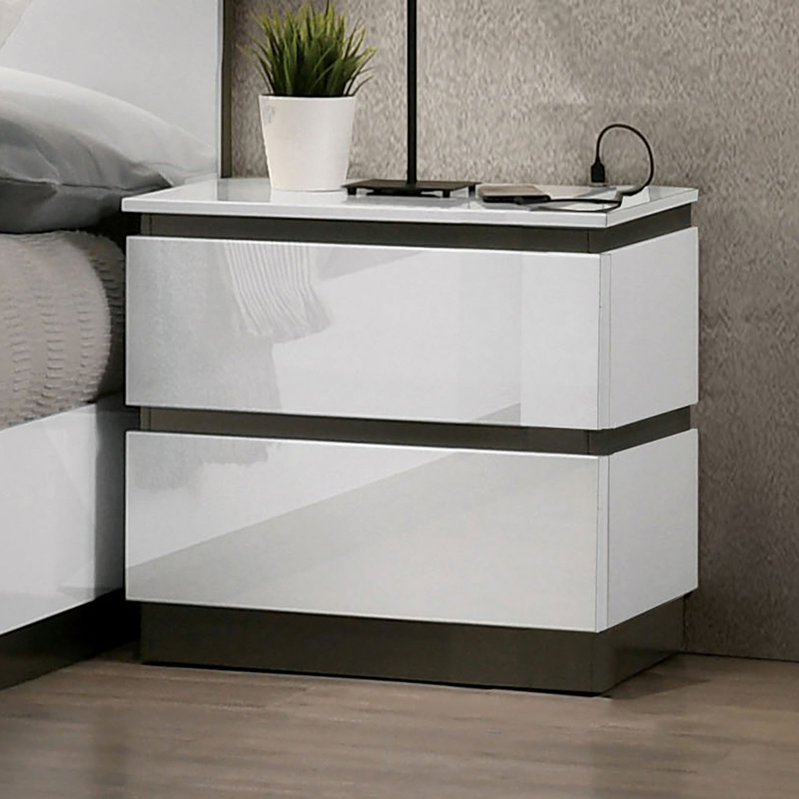 Contemporary 1pc Nightstand White Color High Gloss Finish w/ Metallic Accents Bedside Table w USB Port Bedroom Furniture - 1st Choice Furniture Direct