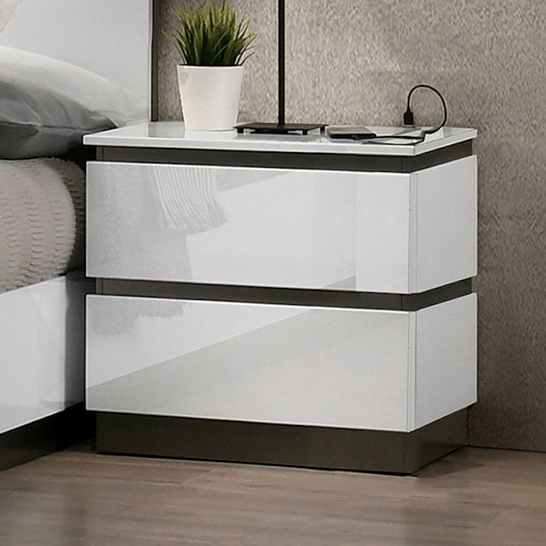 Contemporary 1pc Nightstand White Color High Gloss Finish w/ Metallic Accents Bedside Table w USB Port Bedroom Furniture - 1st Choice Furniture Direct
