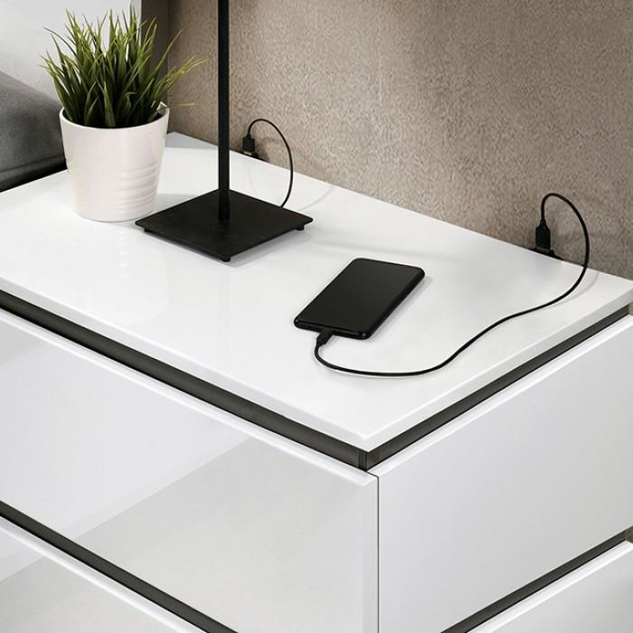 Contemporary 1pc Nightstand White Color High Gloss Finish w/ Metallic Accents Bedside Table w USB Port Bedroom Furniture - 1st Choice Furniture Direct