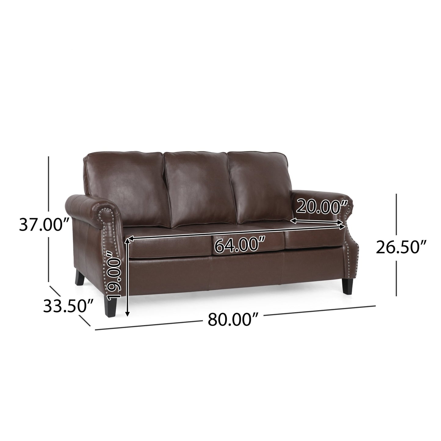 Contemporary 3 Seater Sofa with Faux Leather Upholstery and Nailhead Trim in Dark Brown - 1st Choice Furniture Direct