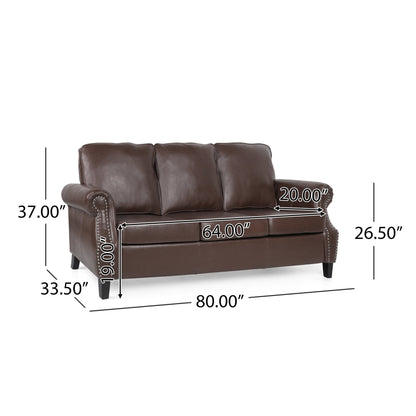 Contemporary 3 Seater Sofa with Faux Leather Upholstery and Nailhead Trim in Dark Brown - 1st Choice Furniture Direct
