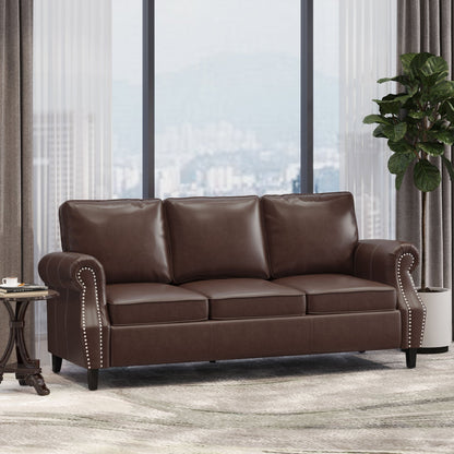 Contemporary 3 Seater Sofa with Faux Leather Upholstery and Nailhead Trim in Dark Brown - 1st Choice Furniture Direct