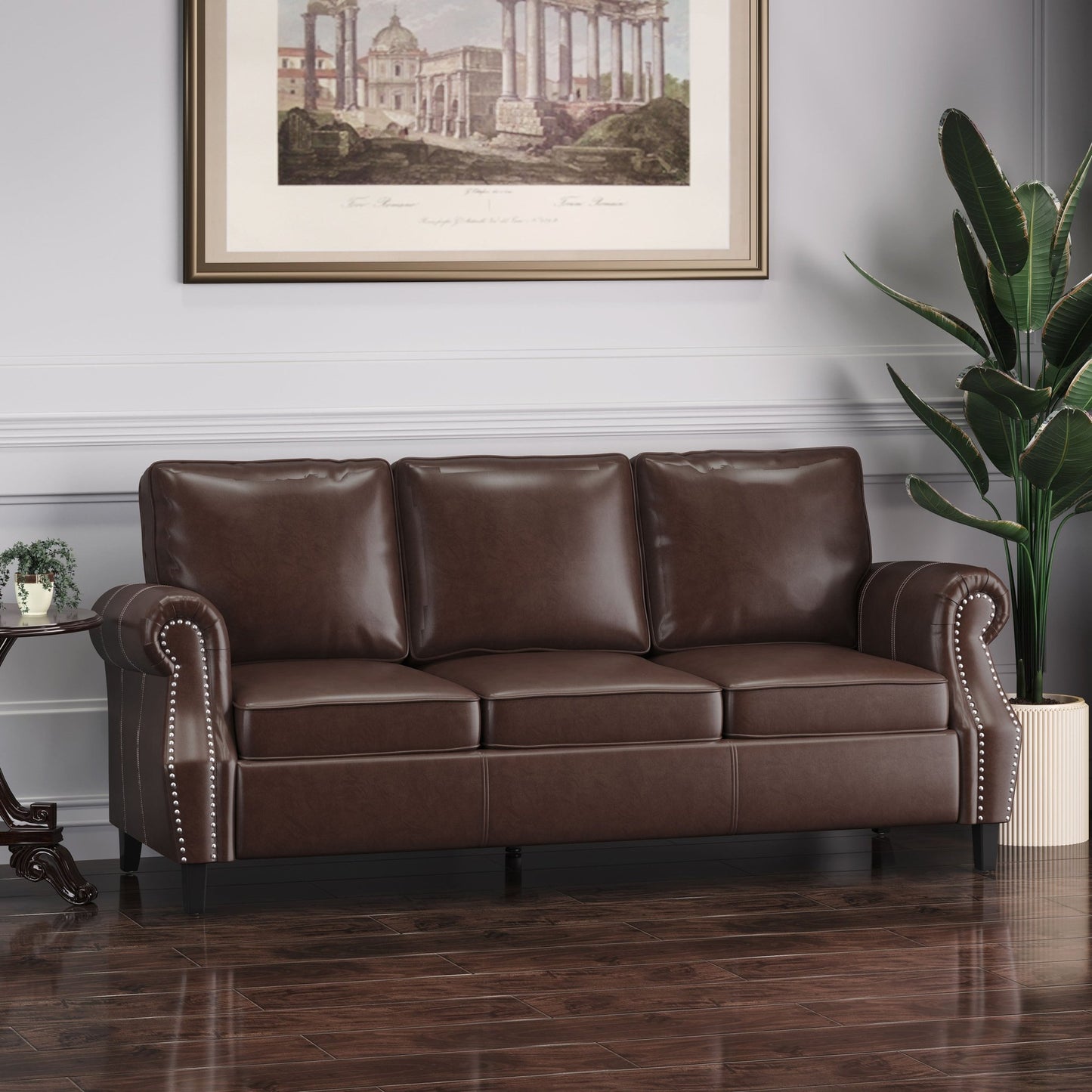 Contemporary 3 Seater Sofa with Faux Leather Upholstery and Nailhead Trim in Dark Brown - 1st Choice Furniture Direct