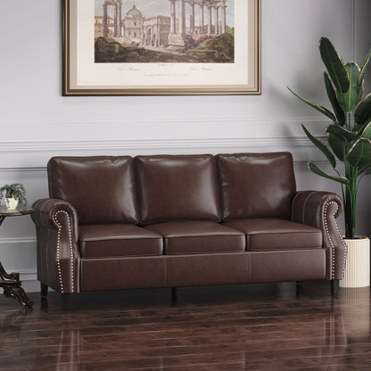 Contemporary 3 Seater Sofa with Faux Leather Upholstery and Nailhead Trim in Dark Brown - 1st Choice Furniture Direct