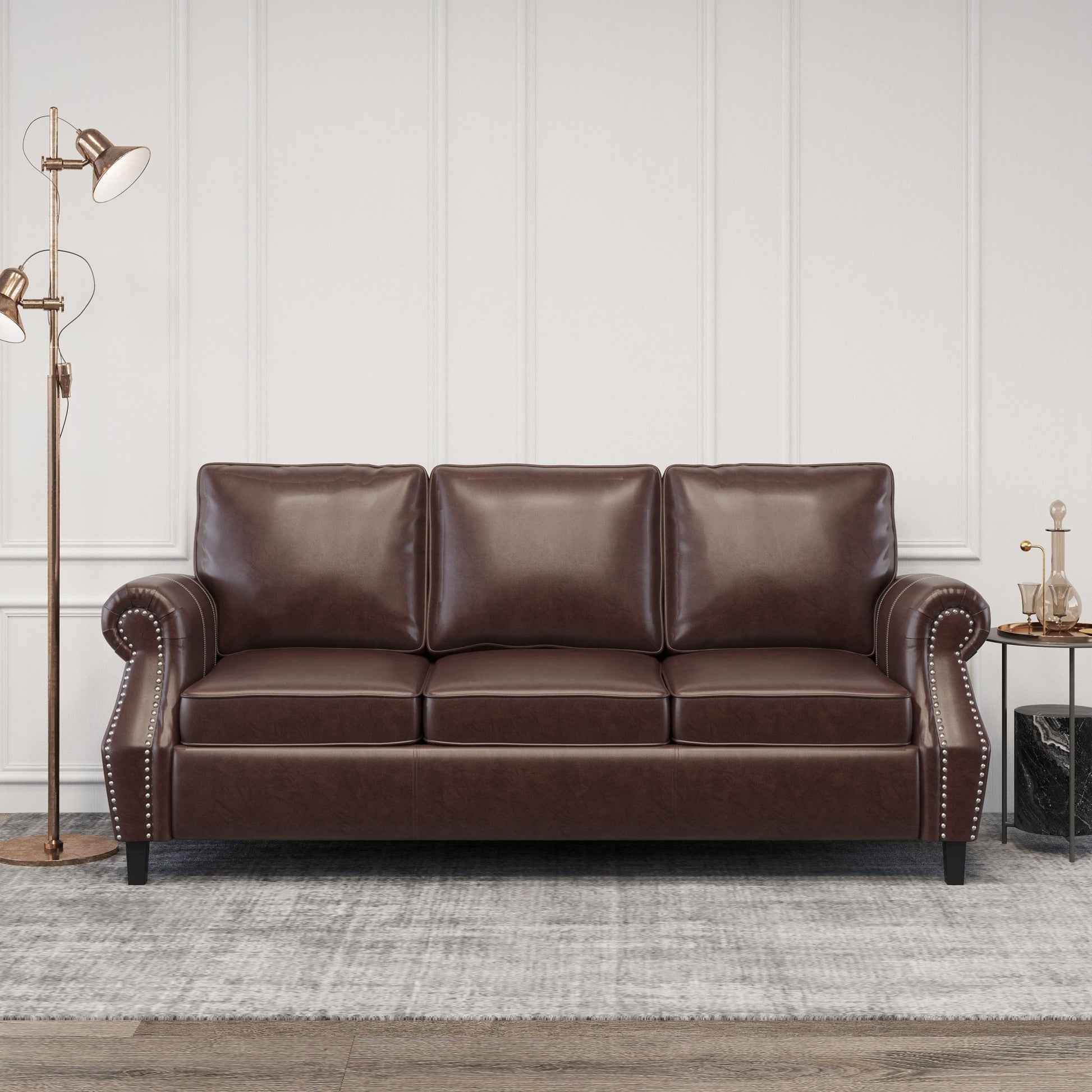 Contemporary 3 Seater Sofa with Faux Leather Upholstery and Nailhead Trim in Dark Brown - 1st Choice Furniture Direct