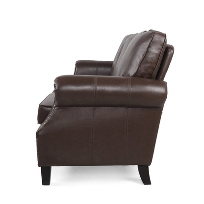 Contemporary 3 Seater Sofa with Faux Leather Upholstery and Nailhead Trim in Dark Brown - 1st Choice Furniture Direct