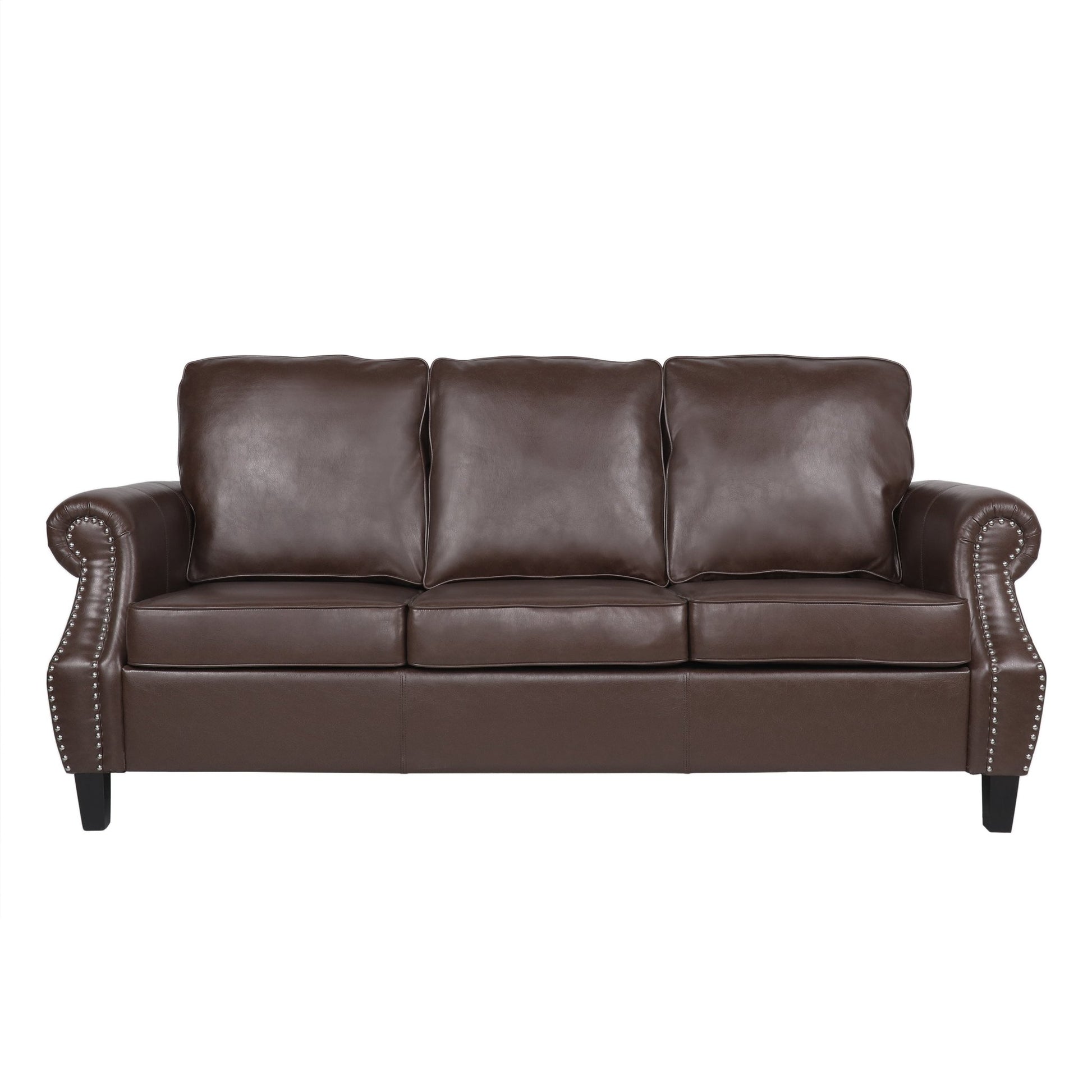 Contemporary 3 Seater Sofa with Faux Leather Upholstery and Nailhead Trim in Dark Brown - 1st Choice Furniture Direct