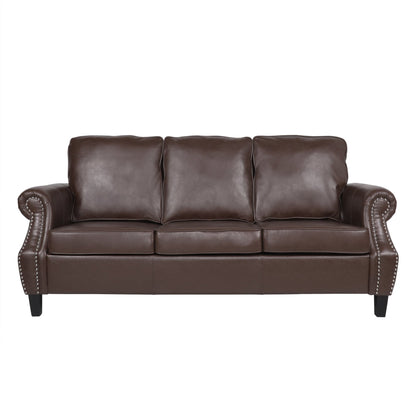 Contemporary 3 Seater Sofa with Faux Leather Upholstery and Nailhead Trim in Dark Brown - 1st Choice Furniture Direct