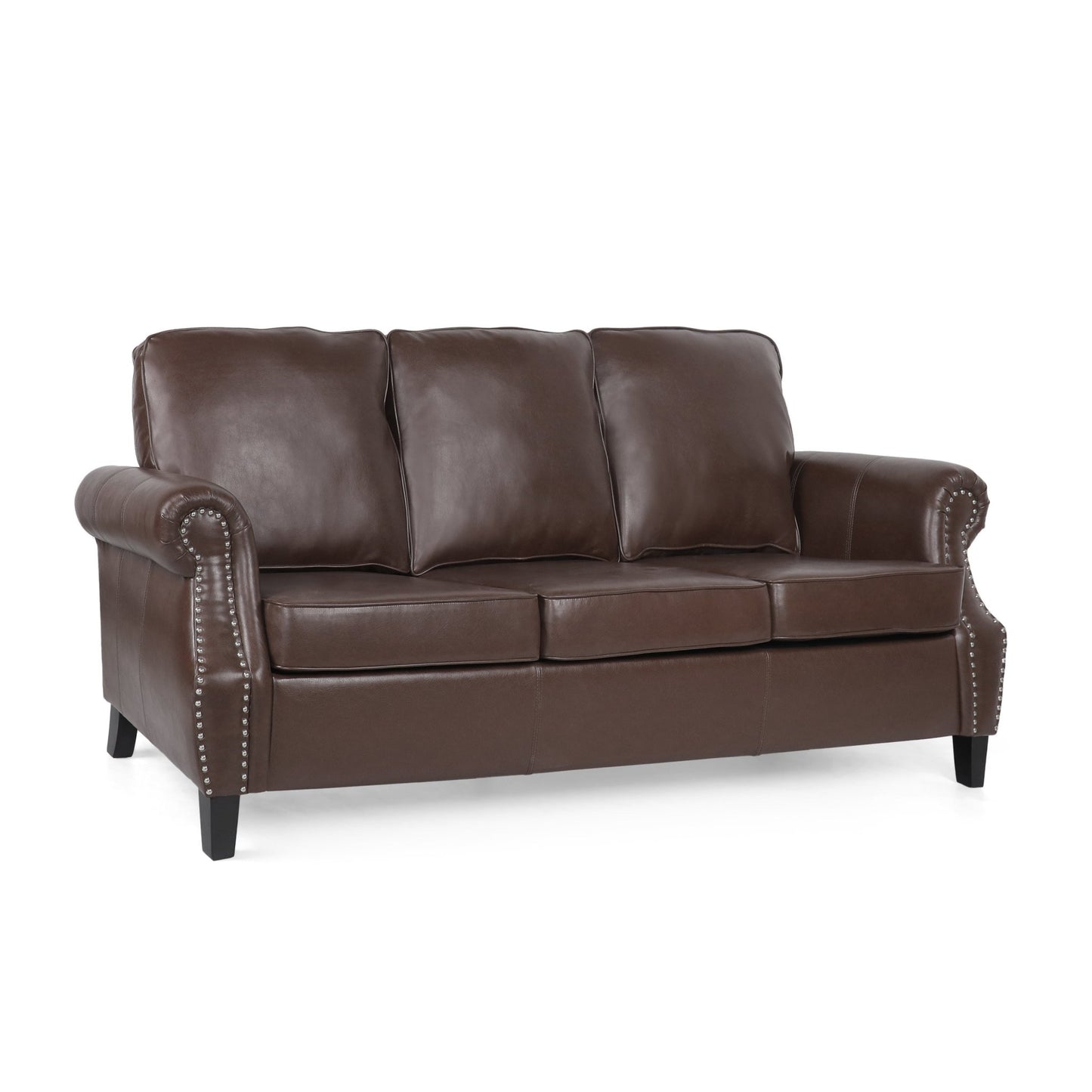 Contemporary 3 Seater Sofa with Faux Leather Upholstery and Nailhead Trim in Dark Brown - 1st Choice Furniture Direct