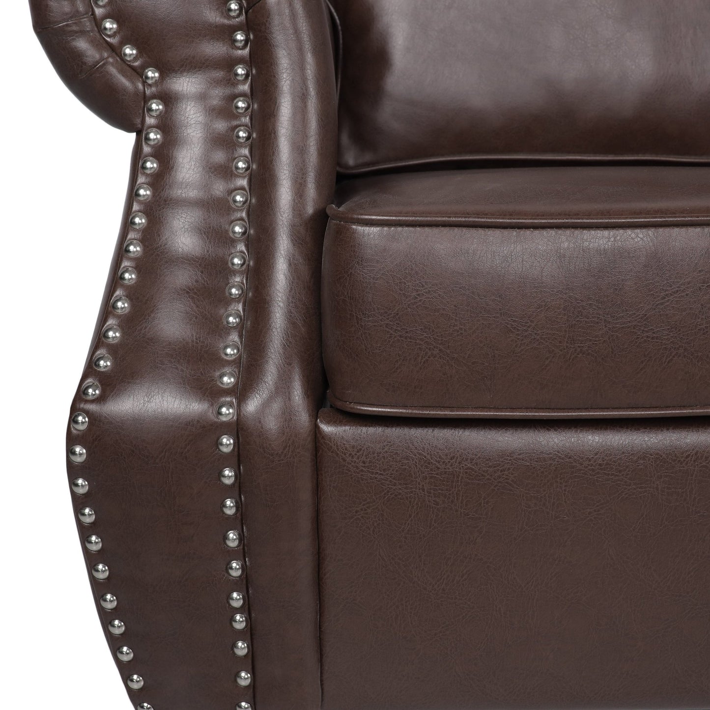 Contemporary 3 Seater Sofa with Faux Leather Upholstery and Nailhead Trim in Dark Brown - 1st Choice Furniture Direct