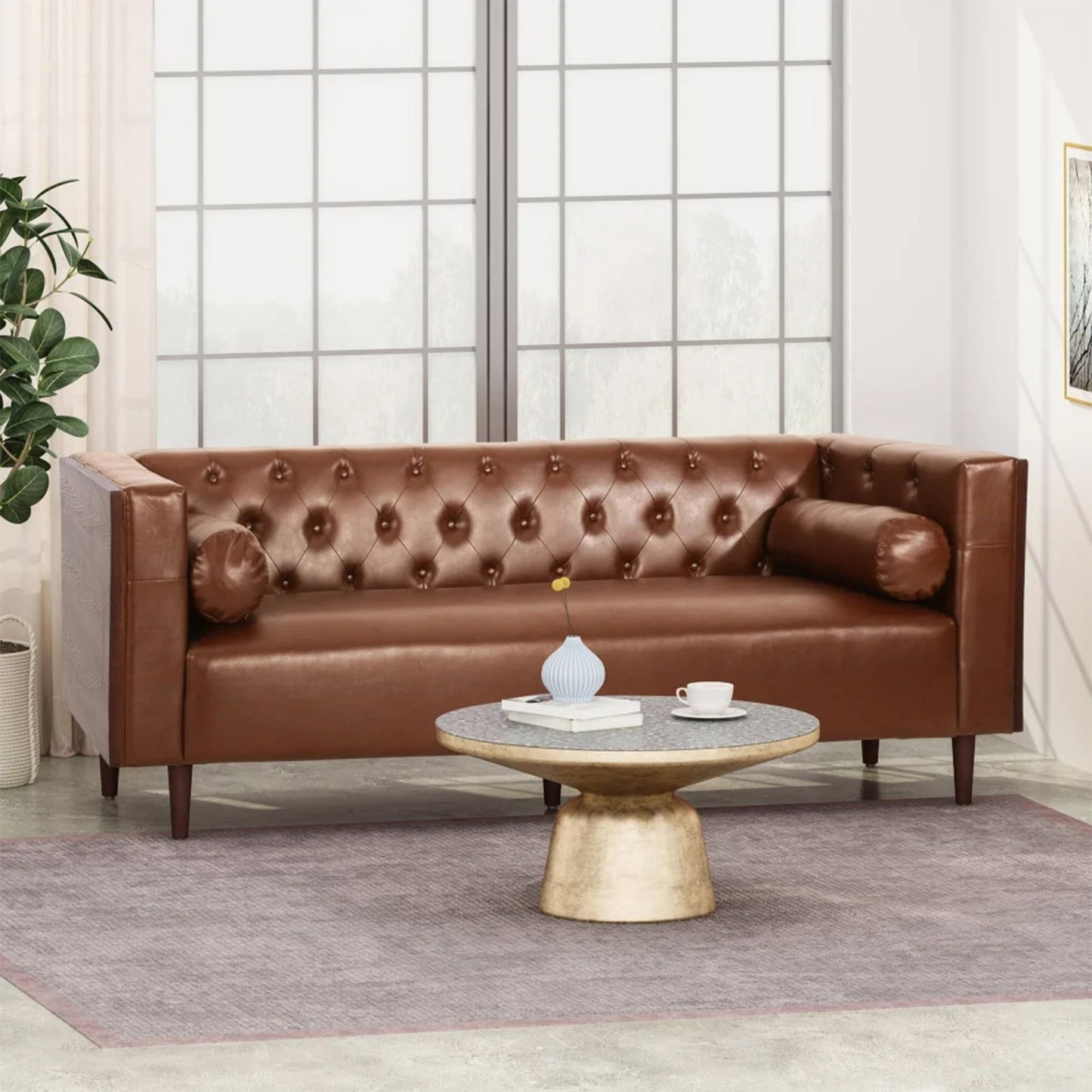 Contemporary 3 - Seater Sofa with Tufted Design in Light Brown PU and Wood Accents - 1st Choice Furniture Direct