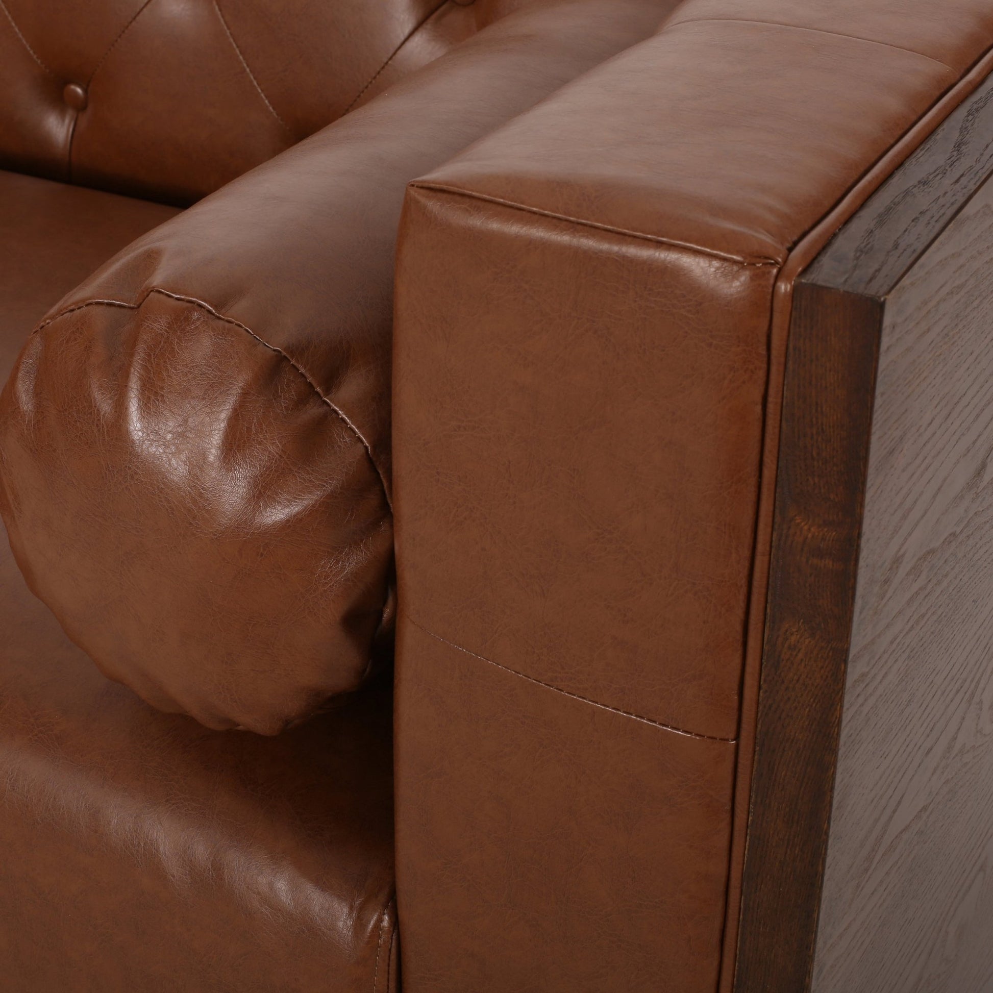 Contemporary 3 - Seater Sofa with Tufted Design in Light Brown PU and Wood Accents - 1st Choice Furniture Direct