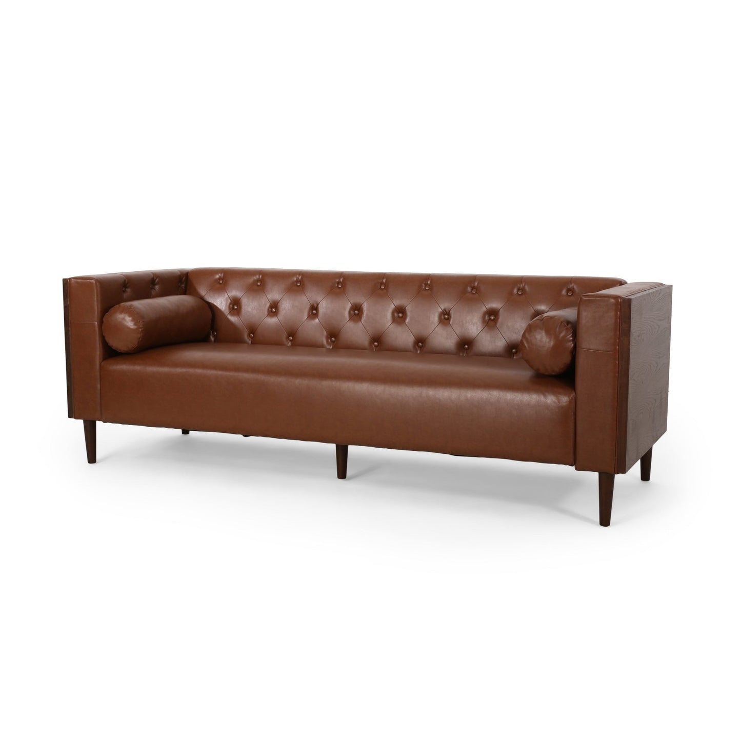 Contemporary 3 - Seater Sofa with Tufted Design in Light Brown PU and Wood Accents - 1st Choice Furniture Direct
