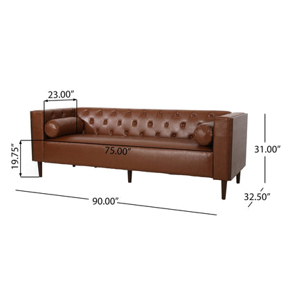 Contemporary 3 - Seater Sofa with Tufted Design in Light Brown PU and Wood Accents - 1st Choice Furniture Direct