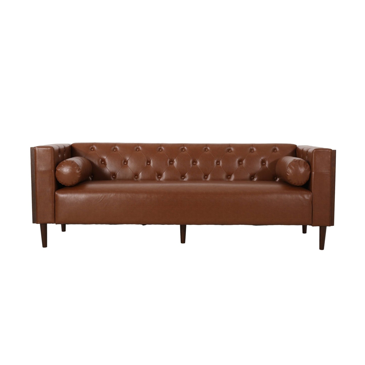 Contemporary 3 - Seater Sofa with Tufted Design in Light Brown PU and Wood Accents - 1st Choice Furniture Direct
