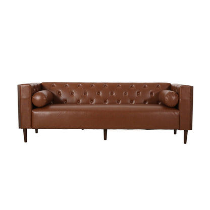 Contemporary 3 - Seater Sofa with Tufted Design in Light Brown PU and Wood Accents - 1st Choice Furniture Direct