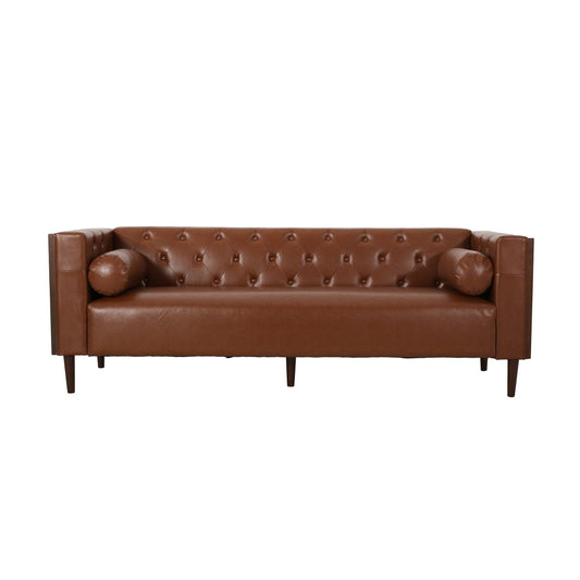 Contemporary 3 - Seater Sofa with Tufted Design in Light Brown PU and Wood Accents - 1st Choice Furniture Direct