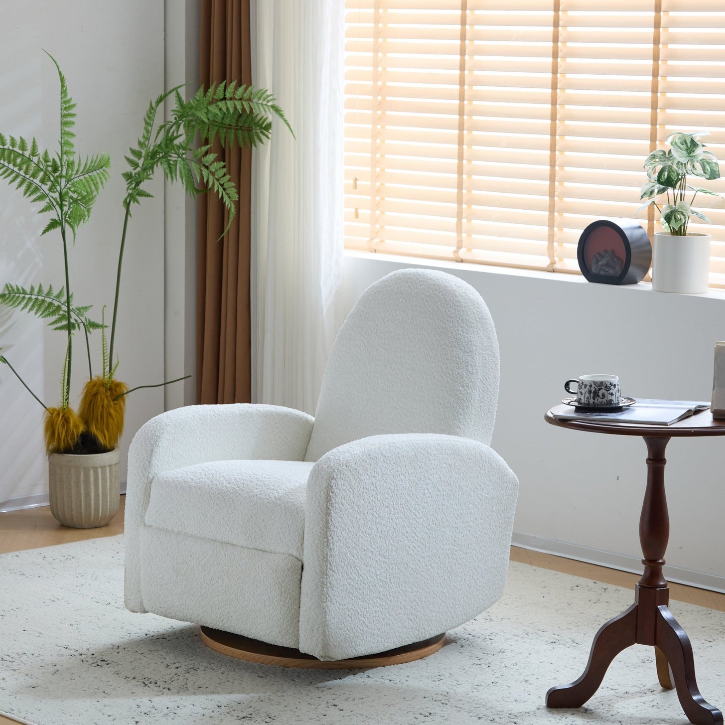 Contemporary 360 Swivel and Glider Recliner Chair in Beige Boucle with Solid Wood Base - 1st Choice Furniture Direct