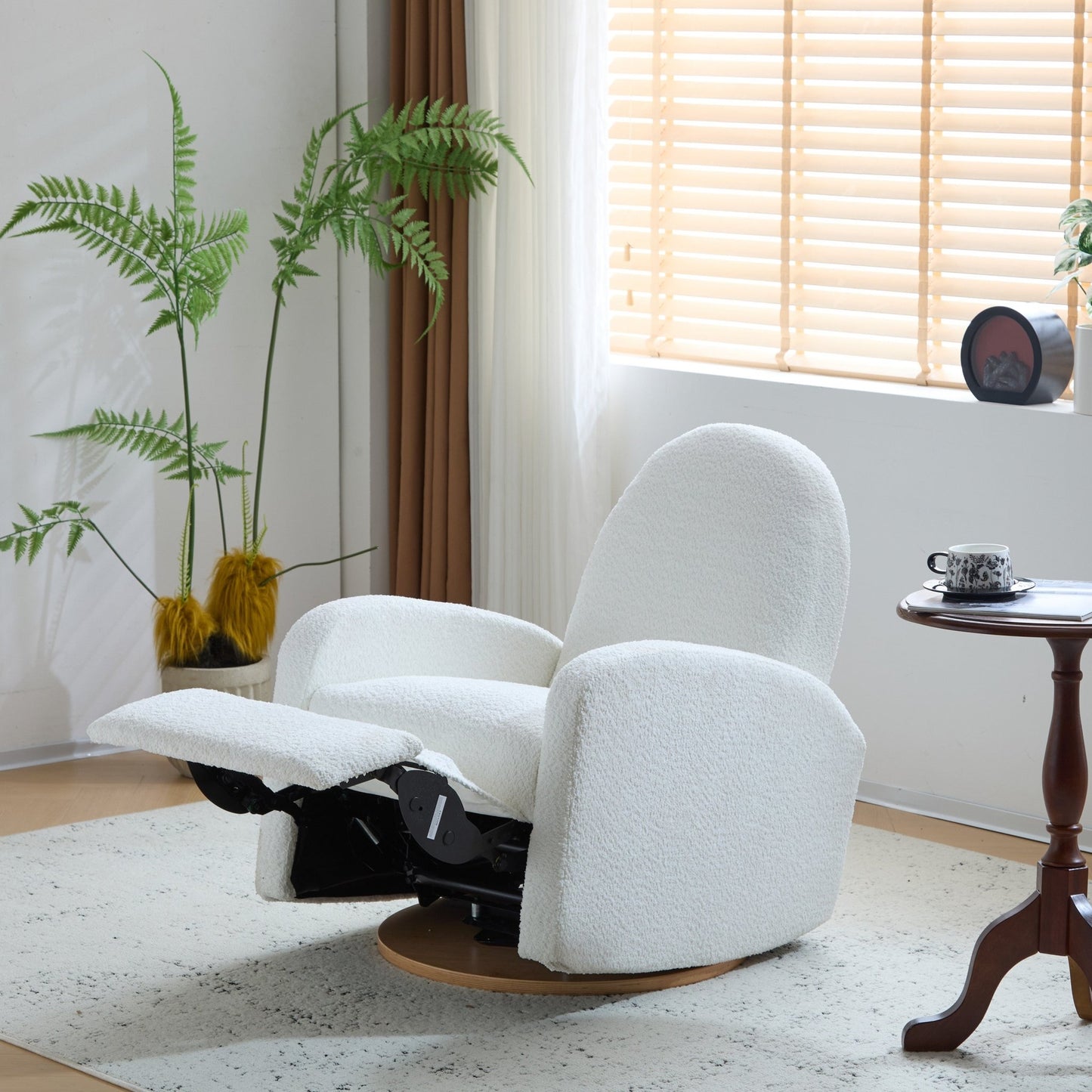 Contemporary 360 Swivel and Glider Recliner Chair in Beige Boucle with Solid Wood Base - 1st Choice Furniture Direct