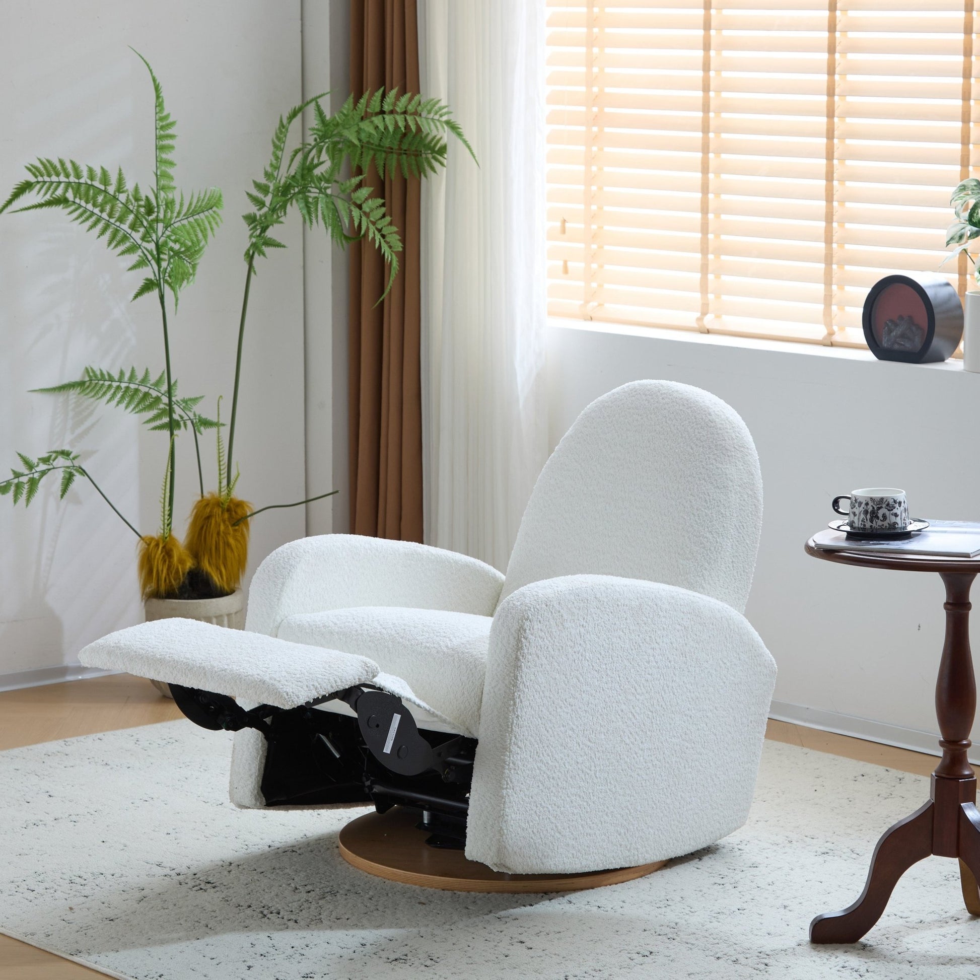 Contemporary 360 Swivel and Glider Recliner Chair in Beige Boucle with Solid Wood Base - 1st Choice Furniture Direct