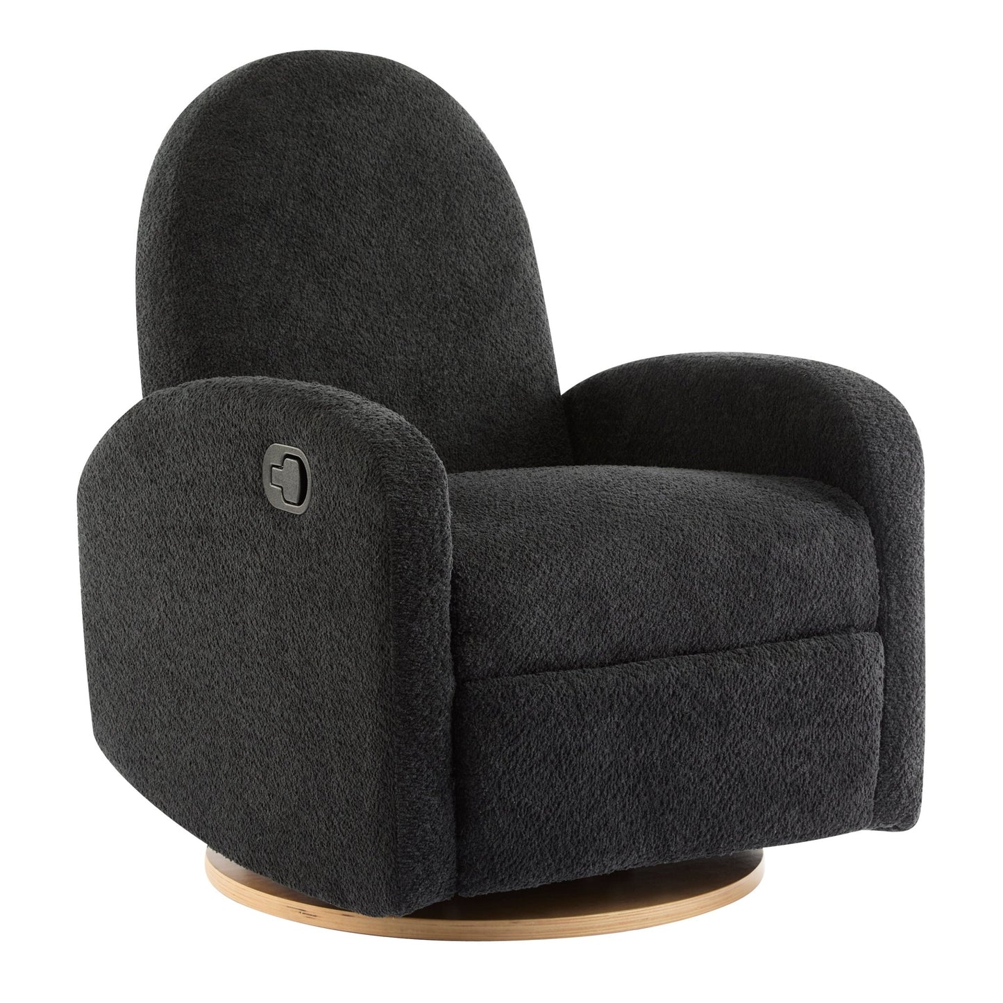 Contemporary 360 Swivel and Glider Recliner Chair in Black Boucle with Solid Wood Base - 1st Choice Furniture Direct
