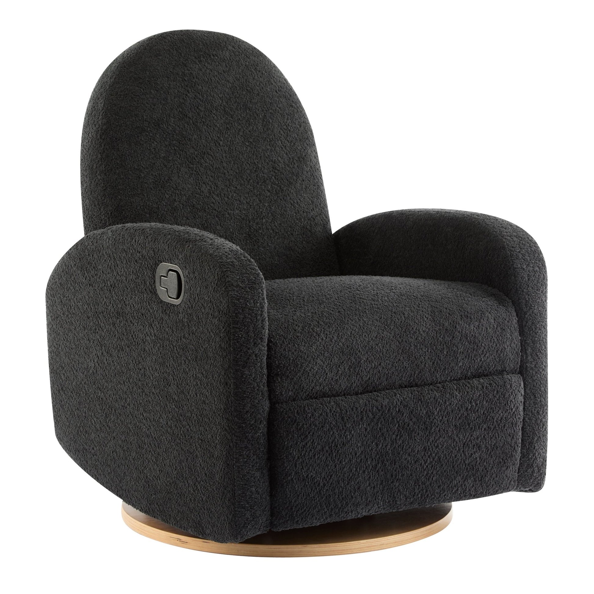 Contemporary 360 Swivel and Glider Recliner Chair in Black Boucle with Solid Wood Base - 1st Choice Furniture Direct