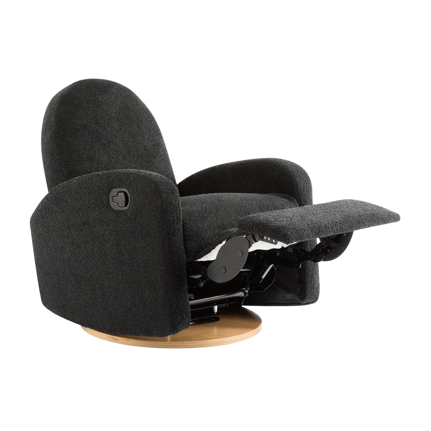 Contemporary 360 Swivel and Glider Recliner Chair in Black Boucle with Solid Wood Base - 1st Choice Furniture Direct