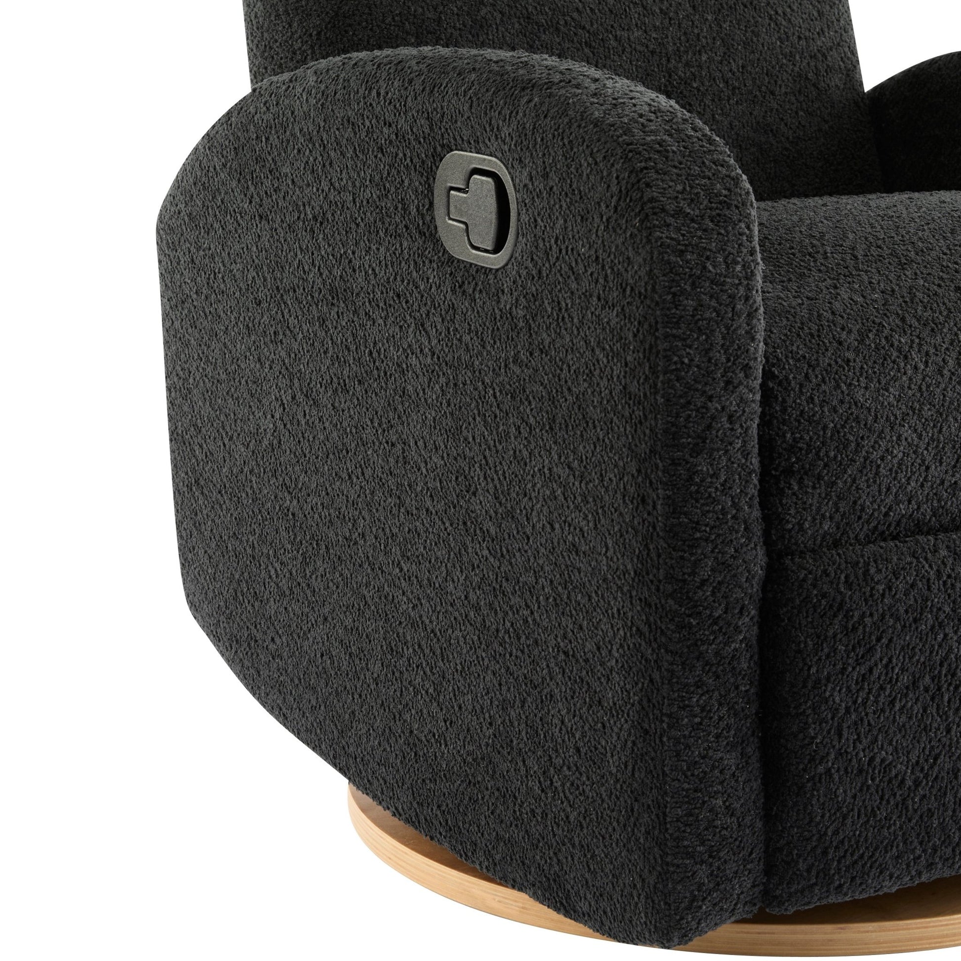 Contemporary 360 Swivel and Glider Recliner Chair in Black Boucle with Solid Wood Base - 1st Choice Furniture Direct