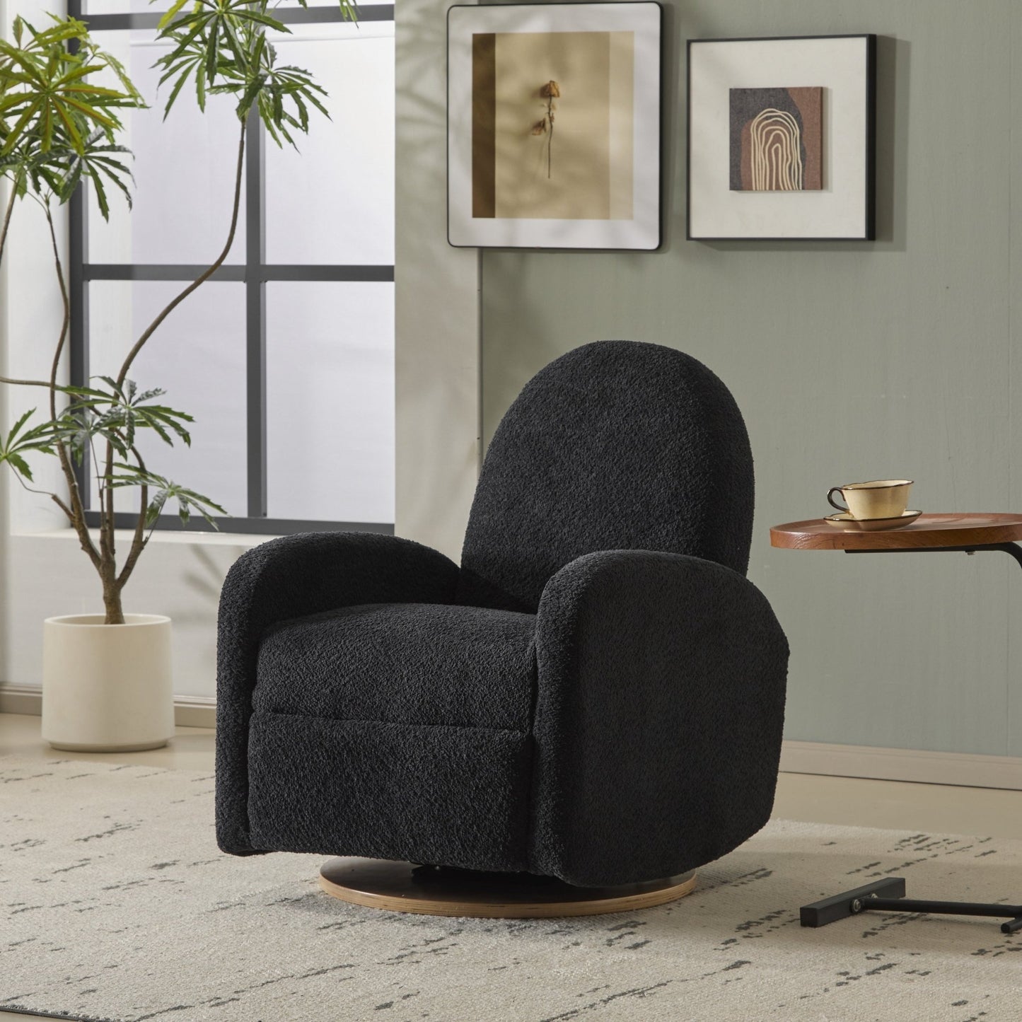Contemporary 360 Swivel and Glider Recliner Chair in Black Boucle with Solid Wood Base - 1st Choice Furniture Direct