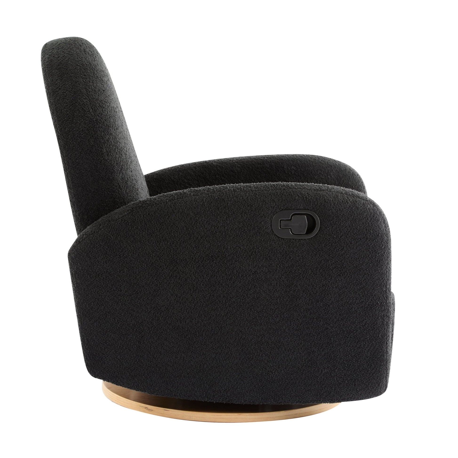 Contemporary 360 Swivel and Glider Recliner Chair in Black Boucle with Solid Wood Base - 1st Choice Furniture Direct