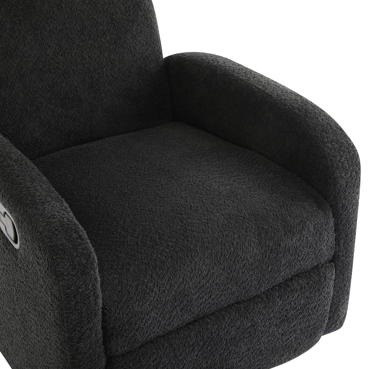 Contemporary 360 Swivel and Glider Recliner Chair in Black Boucle with Solid Wood Base - 1st Choice Furniture Direct