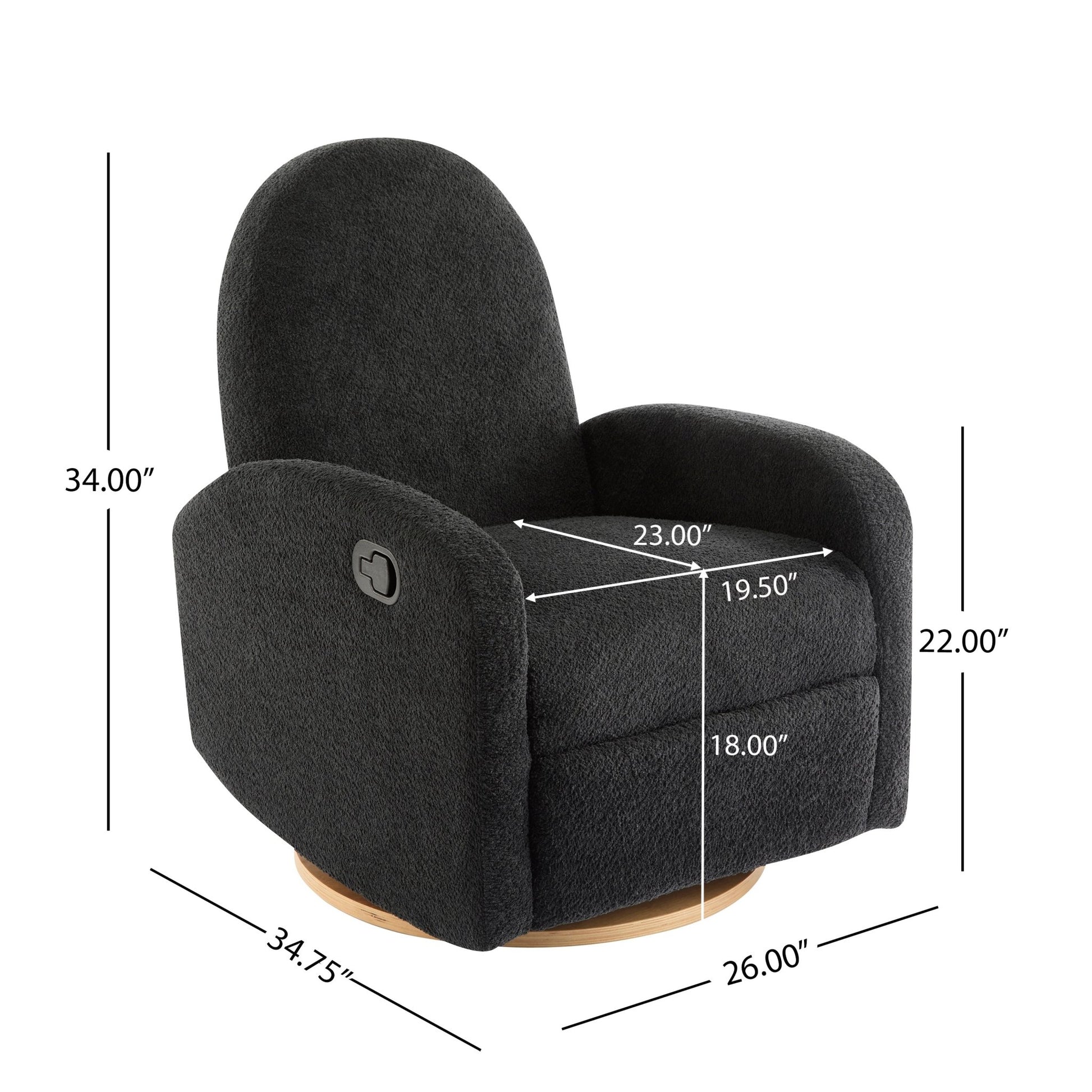 Contemporary 360 Swivel and Glider Recliner Chair in Black Boucle with Solid Wood Base - 1st Choice Furniture Direct