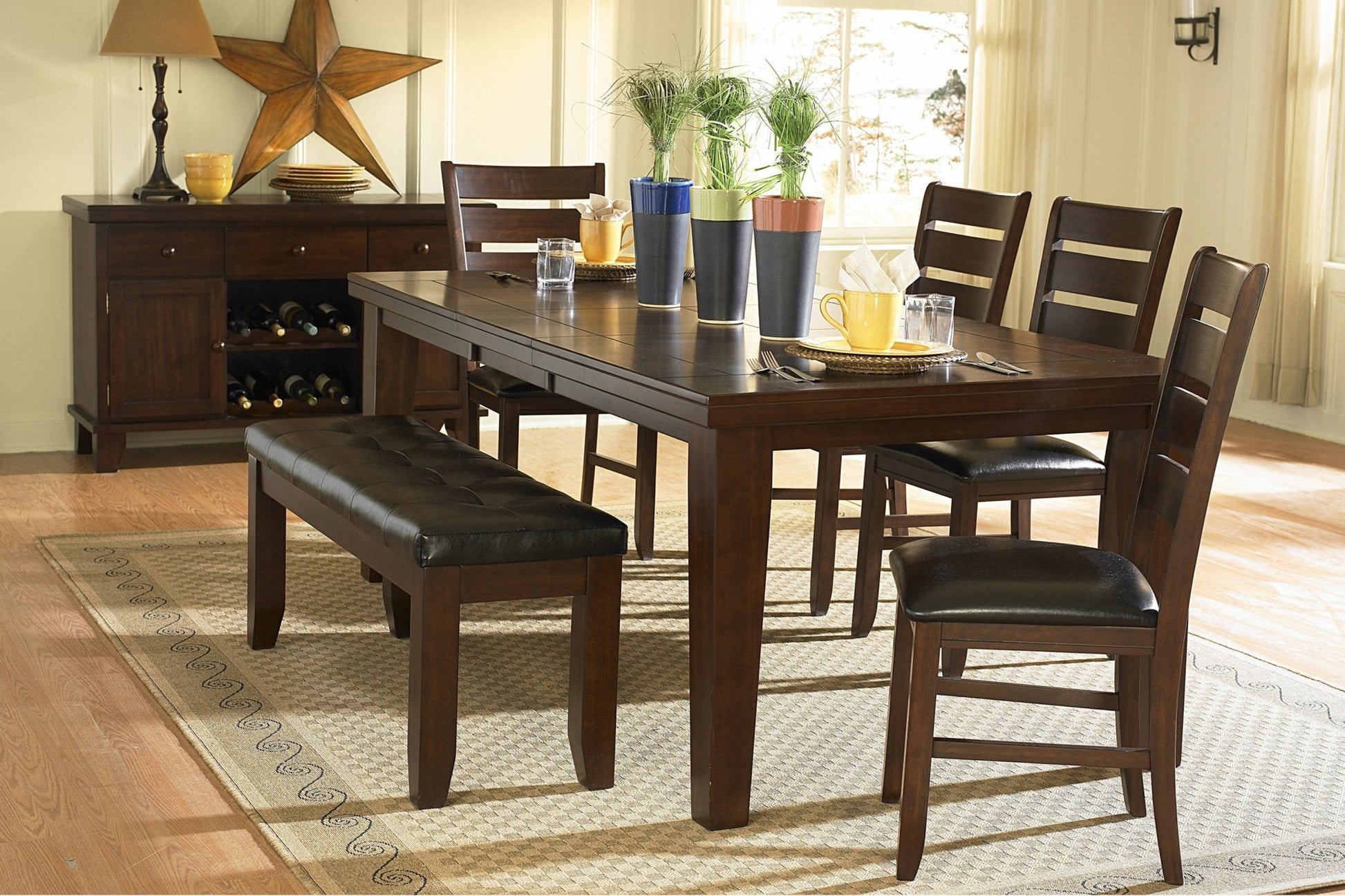 Contemporary Dining Bench with Faux Leather Seat – Dark Oak Wood Bench - 1st Choice Furniture Direct