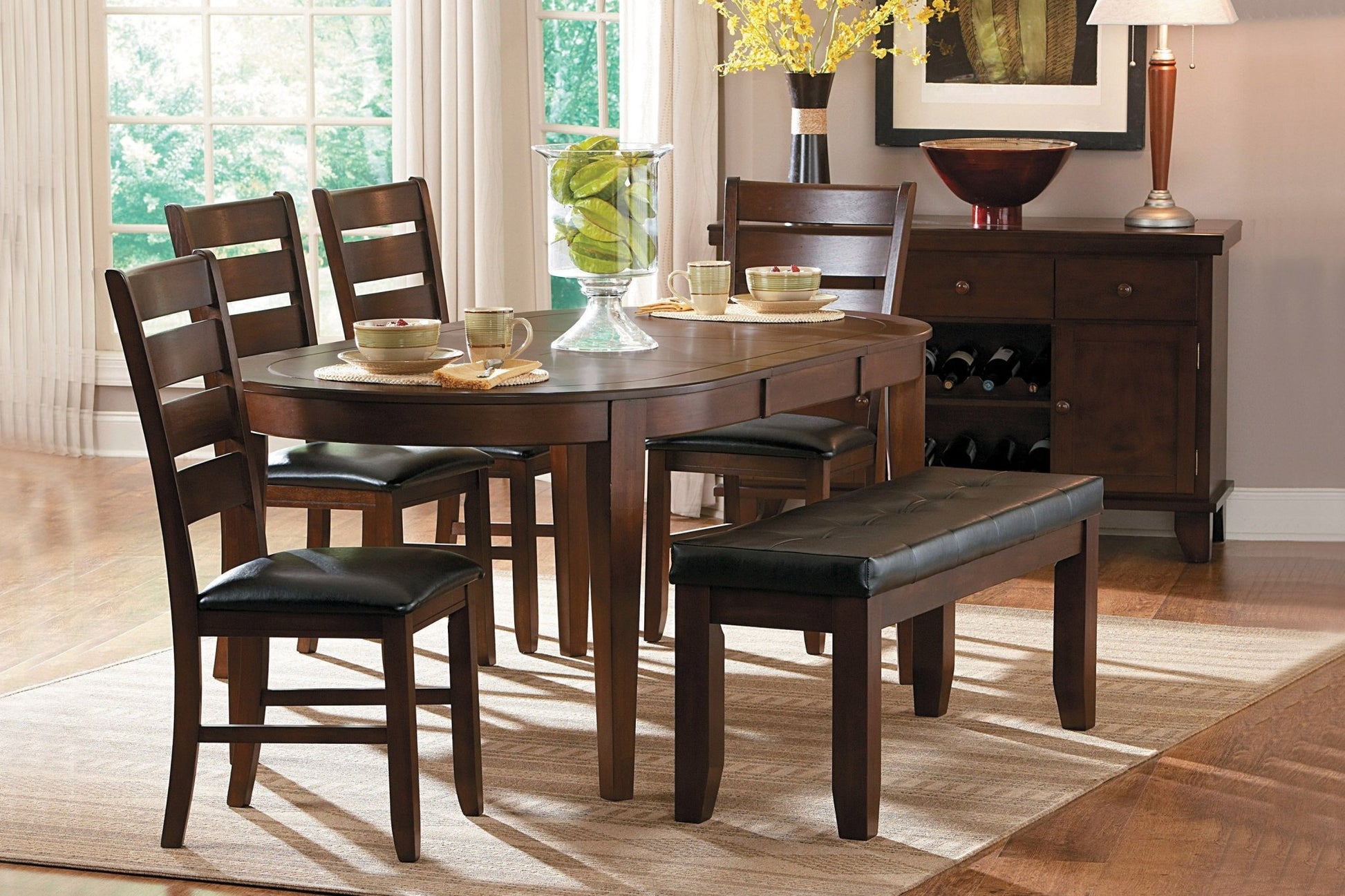 Contemporary Dining Bench with Faux Leather Seat – Dark Oak Wood Bench - 1st Choice Furniture Direct