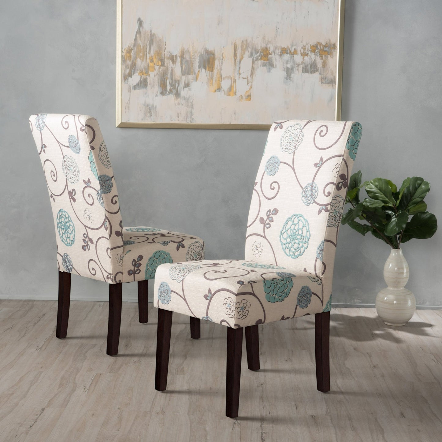Contemporary Dining Chair Set of 2 | White & Blue Fabric Chairs with Rubberwood Legs - 1st Choice Furniture Direct