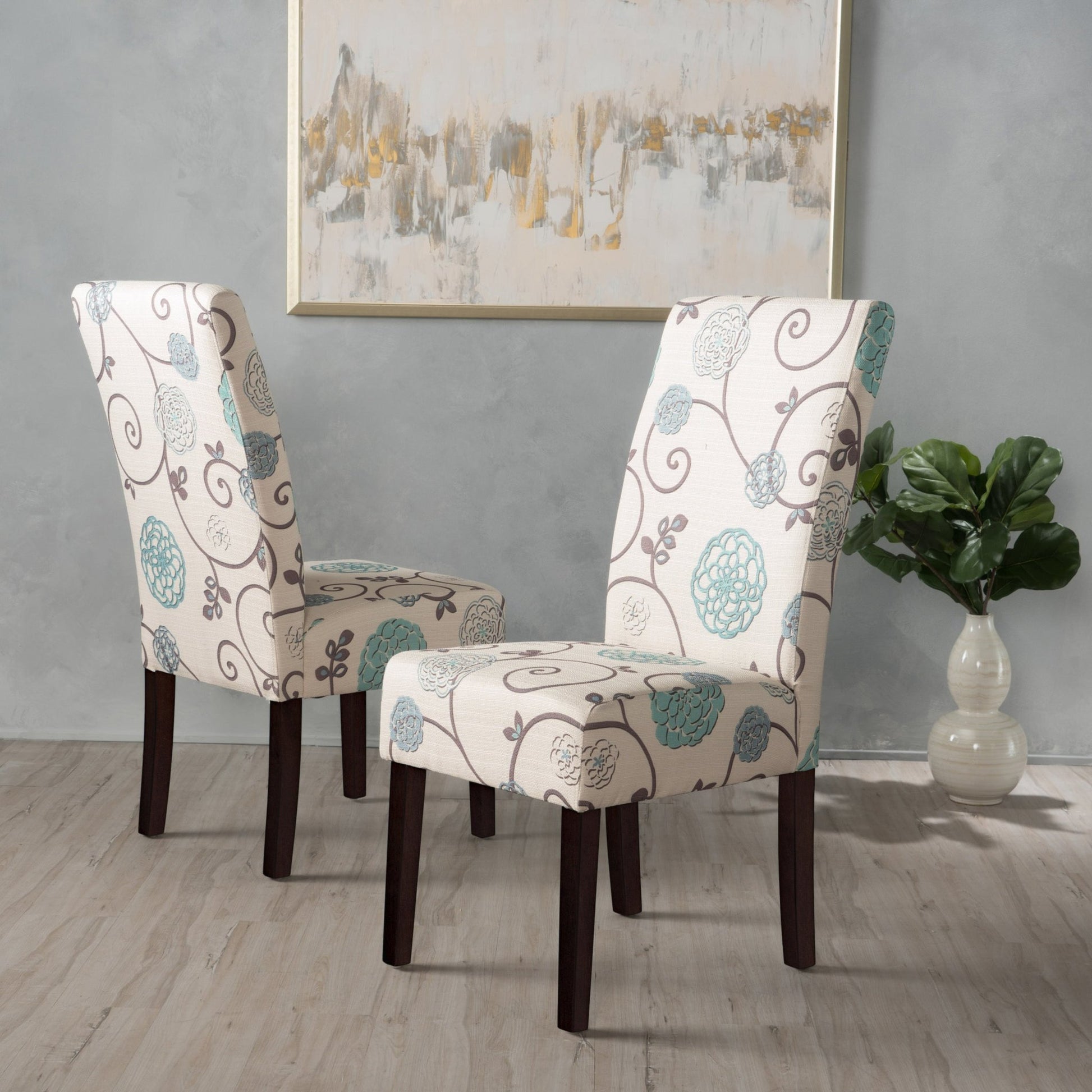 Contemporary Dining Chair Set of 2 | White & Blue Fabric Chairs with Rubberwood Legs - 1st Choice Furniture Direct