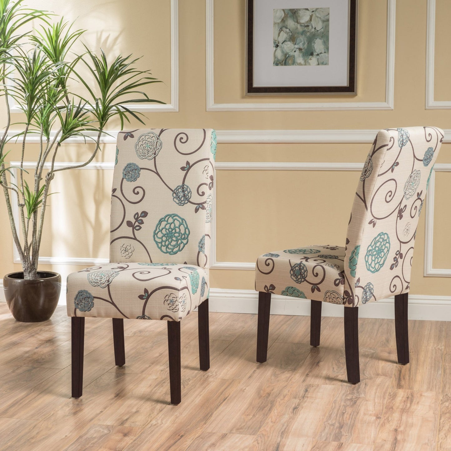Contemporary Dining Chair Set with Rubberwood Legs in White and Blue Fabric - 1st Choice Furniture Direct