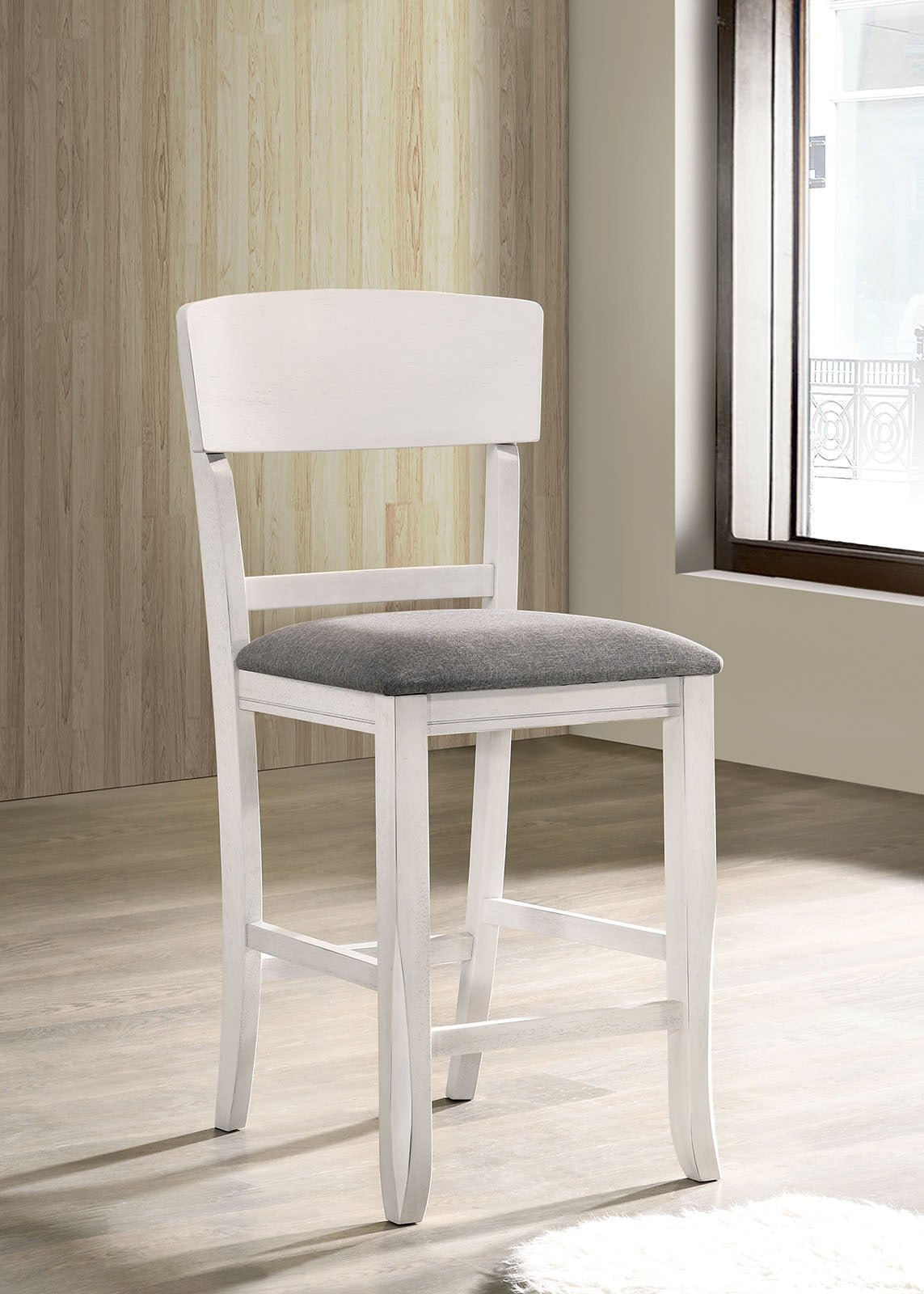 Contemporary Dining Room Counter Height Chairs Set of 2 Chairs only White Solid wood Gray Padded Fabric Seat - 1st Choice Furniture Direct