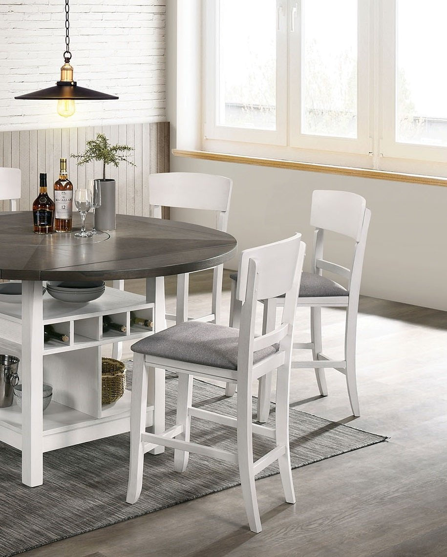Contemporary Dining Room Counter Height Chairs Set of 2 Chairs only White Solid wood Gray Padded Fabric Seat - 1st Choice Furniture Direct