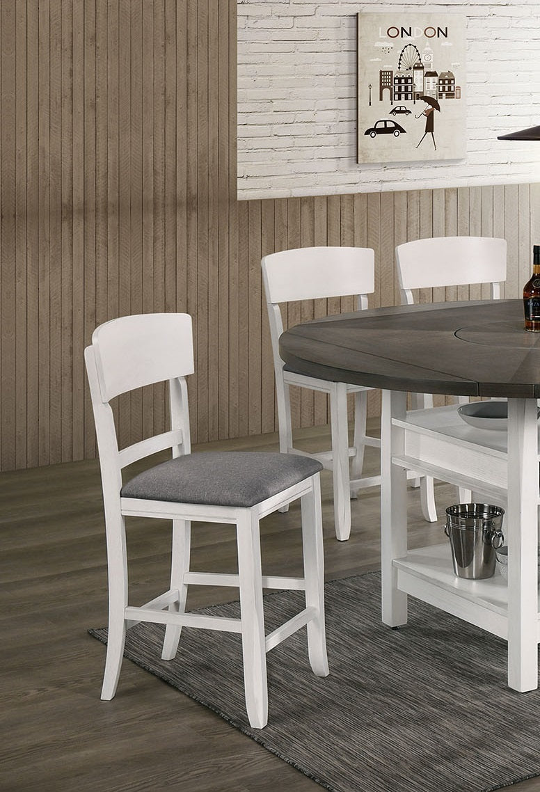 Contemporary Dining Room Counter Height Chairs Set of 2 Chairs only White Solid wood Gray Padded Fabric Seat - 1st Choice Furniture Direct