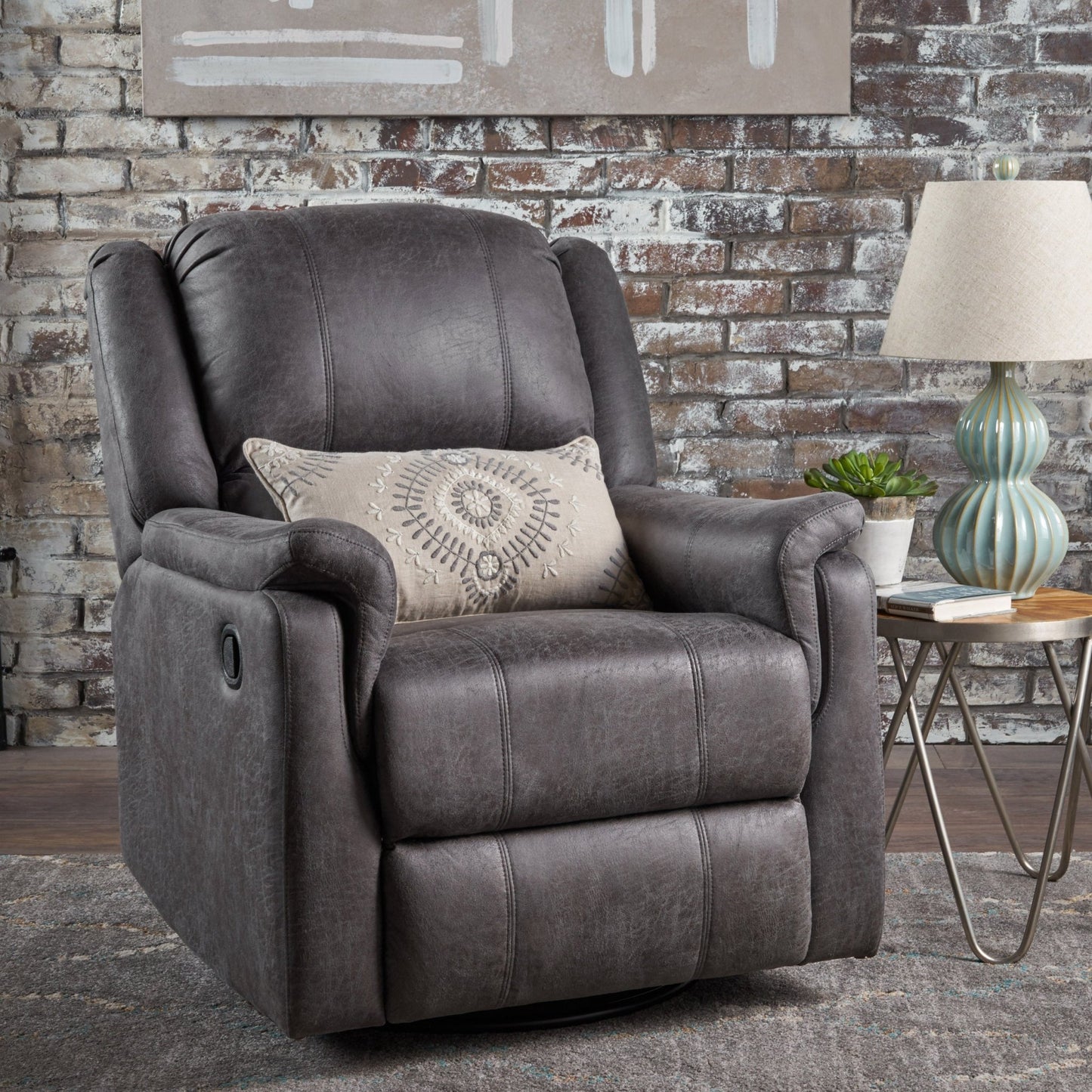 Contemporary Glider Recliner Chair with Swivel Function in Slate Microfiber - 1st Choice Furniture Direct