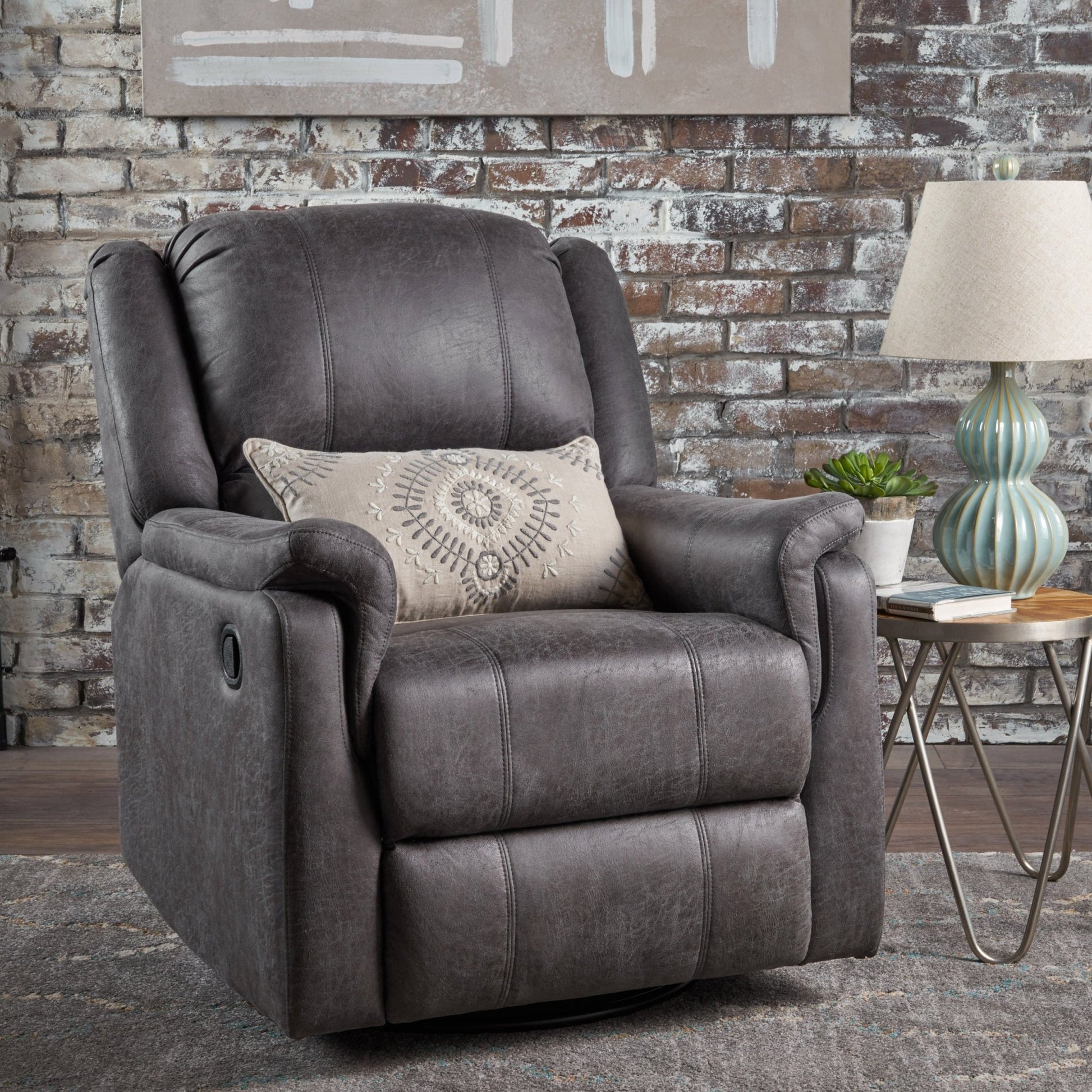 Contemporary Glider Recliner Chair with Swivel Function in Slate Microfiber - 1st Choice Furniture Direct